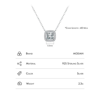 Luxurious Square Crystal 925 Sterling Silver Shiny Pendant Chain Necklace for Women Fine Jewelry Charm