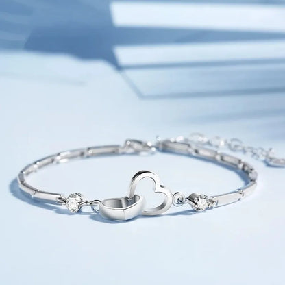 Lavish Crystal Double Heart 925 Sterling Silver Bracelets Bangles for Women Fine Accessories Jewelry