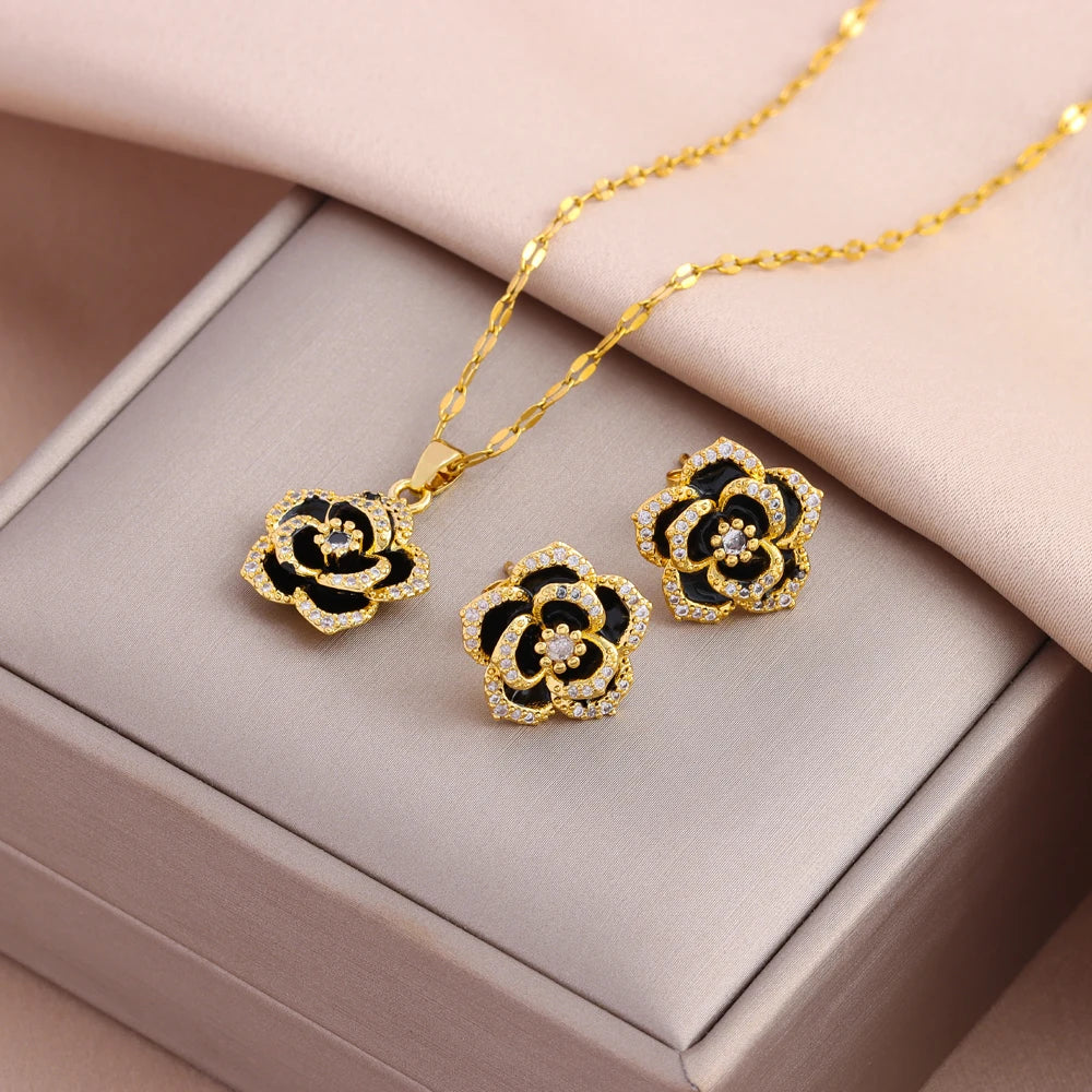 Modern Luxurious Black Rose Crystal Pendant Stainless Steel Necklaces and Earrings for Women Fashion Trendy Jewelry Accessories