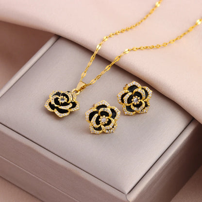 Modern Luxurious Black Rose Crystal Pendant Stainless Steel Necklaces and Earrings for Women Fashion Trendy Jewelry Accessories