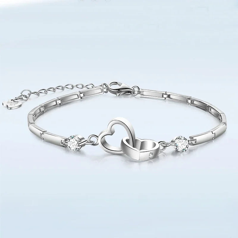 Lavish Crystal Double Heart 925 Sterling Silver Bracelets Bangles for Women Fine Accessories Jewelry