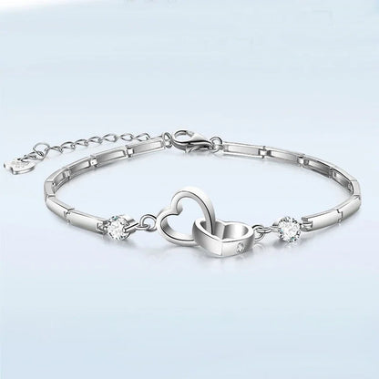 Lavish Crystal Double Heart 925 Sterling Silver Bracelets Bangles for Women Fine Accessories Jewelry