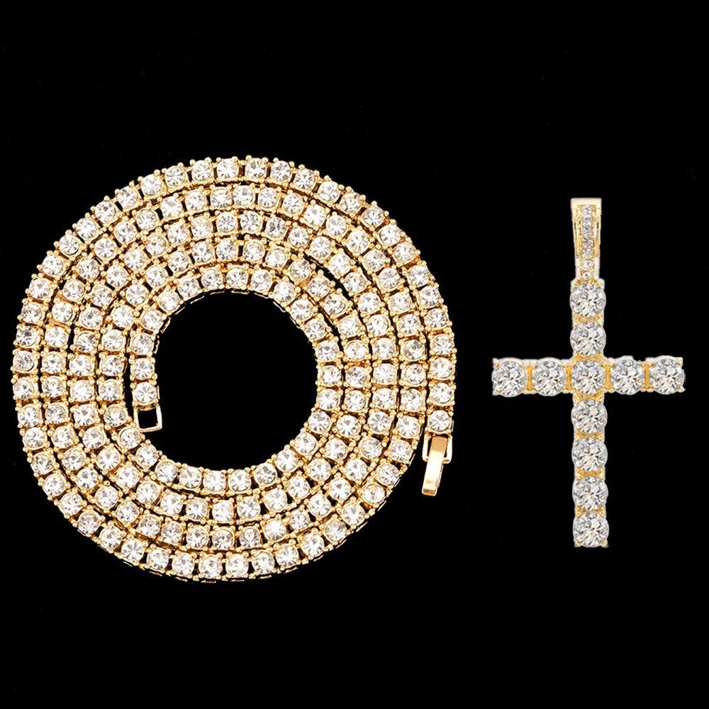 Fashion Iced Out Silver Gold Color Cross Pendant and Necklace for Men Women 4mm Tennis 3mm Rope Chain Bling Zircon Jewelry